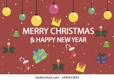 Ornament from Christmas balls, gifts, Christmas socks, candles, bells and falling snowflakes on a burgundy background with a congratulatory inscription.