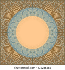 Ornament in the circle with branches of grapes on a background with an abstract pattern. Pattern for a scarf or a shawl. It can be used as decoration with space for text.