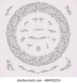 Ornament in the circle and its components. Climbing plant with seeds and swirling
leaves. Linear circuit.