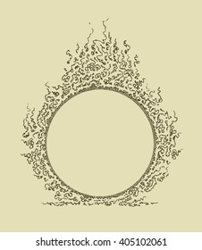 Ornament in the circle, elongated shape. The fiery element. Making a book or other printed materials. Figure drawn gel pen. Frame with place for text. Abstract lines.