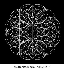 Ornament from circles on black background. Geometric pattern based on the repetition of elements. Sacred Geometry. Template for the mandala. Vector pattern.
