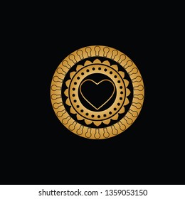 Ornament from circles with patterns from keyholes, petals, small flowers and a gold contour of heart in the middle. Vector illustration.
