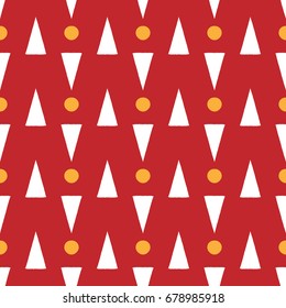 Ornament with circles and triangles. Drawn with a rough brush. Seamless pattern. Vector illustration. Red, white, orange.
