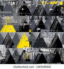 Ornament collage from triangles, free lines with font and graphic symbols in black, white, yellow and grey colors seamless pattern on light gray background.