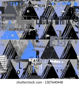 Ornament collage from triangles, free lines with font and graphic symbols in black, white, blue and grey colors seamless pattern on light blue background.