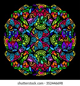 Ornament color card with mandala in the style of stained glass on a black background. Indian, Arab, African, Mexican decorative vector elements.