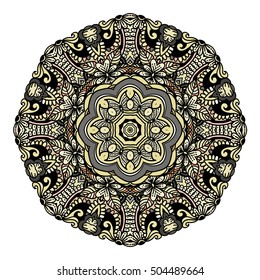 Ornament color card with mandala. Vintage decorative elements. Hand drawn background. Logo Beautiful Indian floral ornament. Ethnic Mandala. Henna tattoo style.