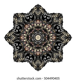 Ornament color card with mandala. Vintage decorative elements. Hand drawn background. Logo Beautiful Indian floral ornament. Ethnic Mandala. Henna tattoo style.