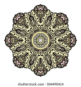 Ornament color card with mandala. Vintage decorative elements. Hand drawn background. Logo Beautiful Indian floral ornament. Ethnic Mandala. Henna tattoo style.