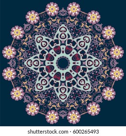 Ornament color card with mandala. Vintage decorative macro elements. Hand drawn background, flower pattern, esoteric symbol.
