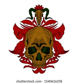 Ornament Color Full Skull Decorative Line Art Vintage Design