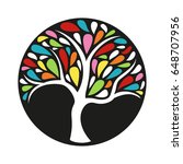 Ornament colorful tree icon on black background. Vector illustration.  