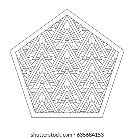 Ornament for coloring books, design, printing and others. Pattern in style zentangle. Black and white geometric drawing of triangles in a pentagonal frame. Easy to edit and use. Vector illustration