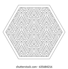 Ornament for coloring books, design, printing and others. Pattern in style zentangle. Black and white geometric drawing of triangles in a hexagonal frame. Easy to edit and use. Vector illustration
