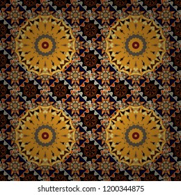 Ornament consisting of mandalas. Seamless geometric arabesque oriental pattern. Vector traditional ethnic background in yellow, black and orange colors.
