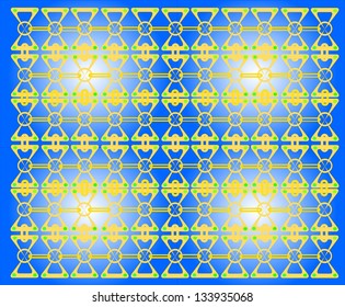 Ornament consists of small objects in yellow, connected and corners with green dots and all on a blue background
