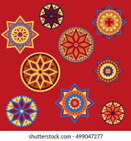 Ornament in country boho Style on the red  background. 