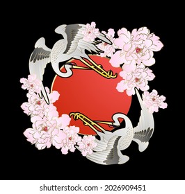 adorno con diseño de ilustración de grúas y vectores de flores
