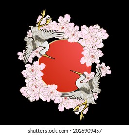 ornament with crane and flower vector illustration design