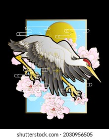 ornament with crane and flower vector illustration design