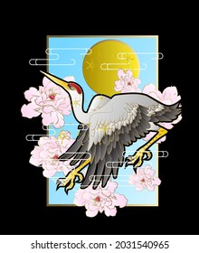 ornament with crane and flower vector illustration design