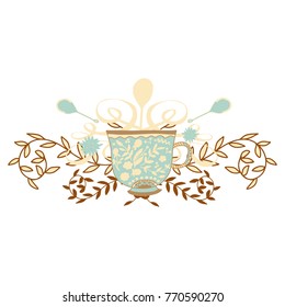 Ornament cup of tea and spoons
