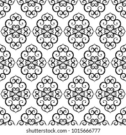 Ornament of curls, fantasy hearts. Seamless pattern. Vector background. 