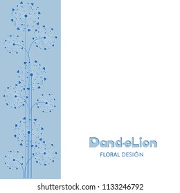 Ornament of dandelions on a light blue background. Flower Design. Musical dandelion from hearts and notes. Poster, card. The word and the silhouette of a dandelions on a blue and white background. 