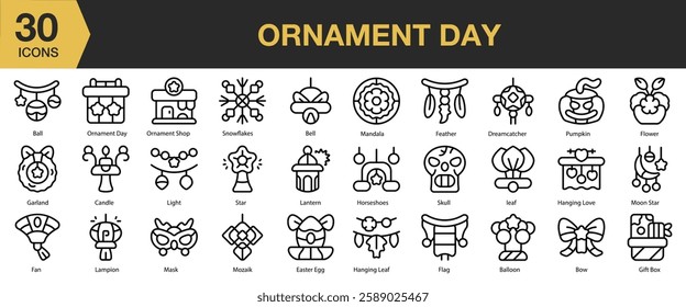 Ornament Day icon set. Includes ornament, decoration, greeting, invitation, day, and More. Outline icons vector collection.