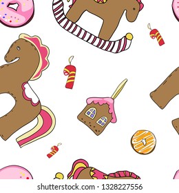 Ornament from decorative drawings of curly cookies, horse, house, donut, seamless pattern for fabric design, home or baby textile, vector