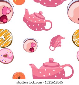 Ornament from decorative drawings a polka dot teapot, donut, cake, seamless pattern for fabric design, home or baby textile, vector