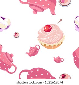 Ornament from decorative drawings, polka dot teapot, ice cream, cake, seamless pattern for fabric design, home or baby textile, vector
