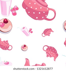 Ornament from decorative drawings, polka dot teapot, cocktail with strawberries, cake with hearts,, seamless pattern for fabric design, home or children textiles, vector