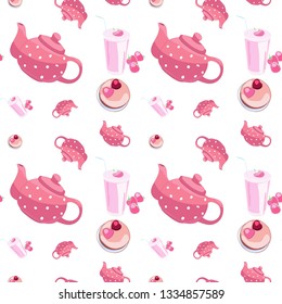 Ornament from decorative drawings, polka dot teapot, cocktail with strawberries, cake with hearts,, seamless pattern for fabric design, home or children textiles, vector