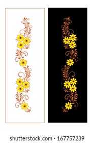 Ornament decorative from vegetable elements: stalks, graceful leaves, round flowers with stamens, orange color on a white and black background a strip.