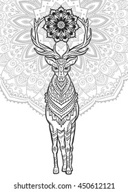 Ornament deer vector. Beautiful illustration deer  for design, print clothing, stickers, tattoos, Adult Coloring book. Hand drawn animal illustration. Bohemian deer lace
