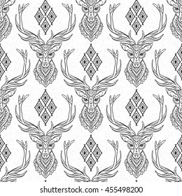 Ornament deer vector pattern. Beautiful illustration tracery for design, print clothing, stickers, tattoos, Adult Coloring book. Hand drawn animal illustration. Bohemian lace