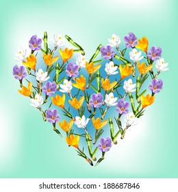 Ornament for design with spring flowers in the shape of heart on blue sky background