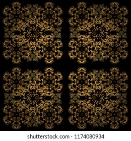 Ornament design template. Ornamental floral vignette for wedding invitations, business card, certificate, logo template. Vector circle golden grid and elements on black background.