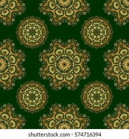 Ornament design template. Ornamental floral vignette for wedding invitations, business card, certificate, logo template. Vector circle golden grid and elements on green background.