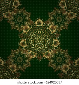 Ornament design template. Ornamental floral vignette for wedding invitations, business card, certificate, logo template. Vector circle golden grid and elements on green background.