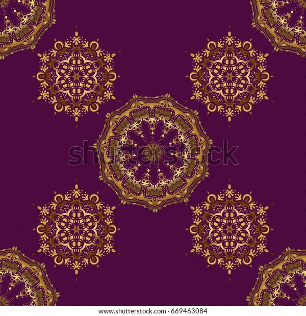 Ornament design template. Ornamental floral\
vignette for wedding invitations, business card, certificate, logo\
template. Vector circle golden grid and elements on purple\
background.