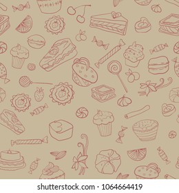 Ornament with desserts, sweets and fruit. Restful color gamma. Stylized food. Line drawing. Design. Vectorial image. Idea for cafe. Delicious elements. The reason for caries and excess weight.