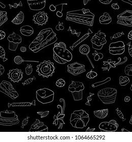 Ornament with desserts, sweets and fruits. Black and white. Stylized food. Line drawing. Design. VECTOR IMAGE. Idea for cafe. Delicious elements. The reason for caries and excess weight.