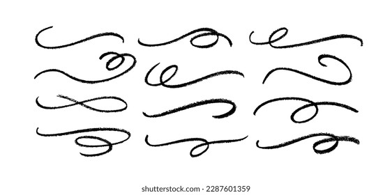 Ornament divider vector collection. Hand drawn swashes and flourishes. Ornate swirl swashes, decorative flourish dividers. Charcoal or pencil drawn wavy lines, swirls. Black paint curved strokes.