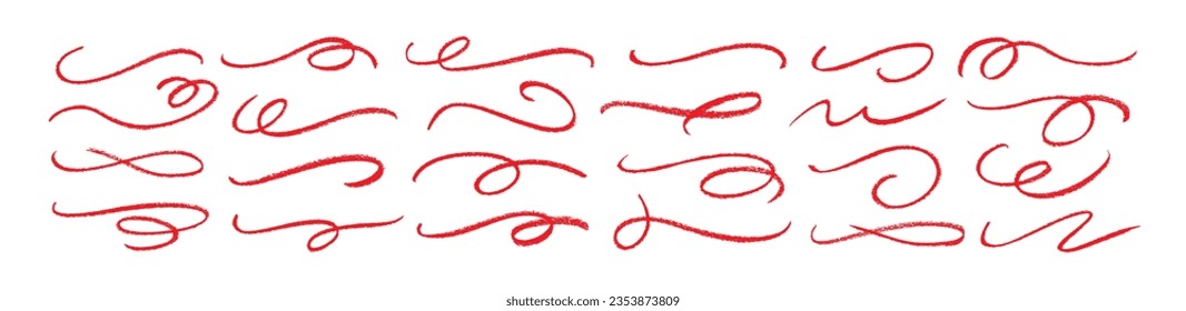 Ornament divider vector collection in red color. Hand drawn swashes and flourishes. Ornate swirl swashes, decorative flourish dividers. Red charcoal or pencil drawn wavy lines, swirls. 