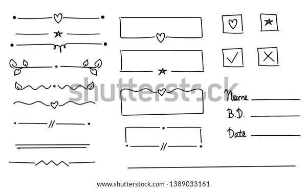 Ornament dividers with heart, star, leaf. Hand\
drawn decoration, ornamental divider and sketch leaves ornaments.\
Set of ink flourish line decorations doodles isolated vector set.\
Check box. - Vector