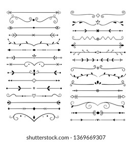 Separadores de ornamentos. Elemento de diseño vintage de línea de texto, separadores de decoración de bodas. Juego de vectores de divisores ornamentales del libro retro