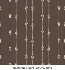 Ornament of dots and flowers in brown shades. Pattern of beige dots and leaves. Decorative elements are placed in stripes on a brown background. Vector seamless pattern.