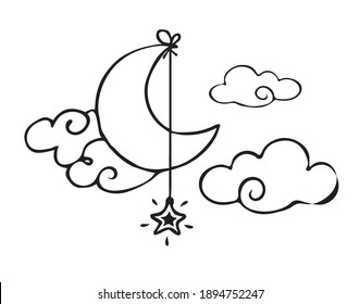 Ornament drawing with moon and star and cloudy sky on white background. Ramadan Kareem concept for greeting cards, banners and posters.
Picture for design, printing on a notebook, t-shirt.
